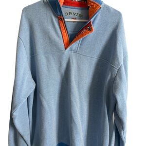 Orvis Men's Light Blue Zip-Up Sweater with Orange Trim